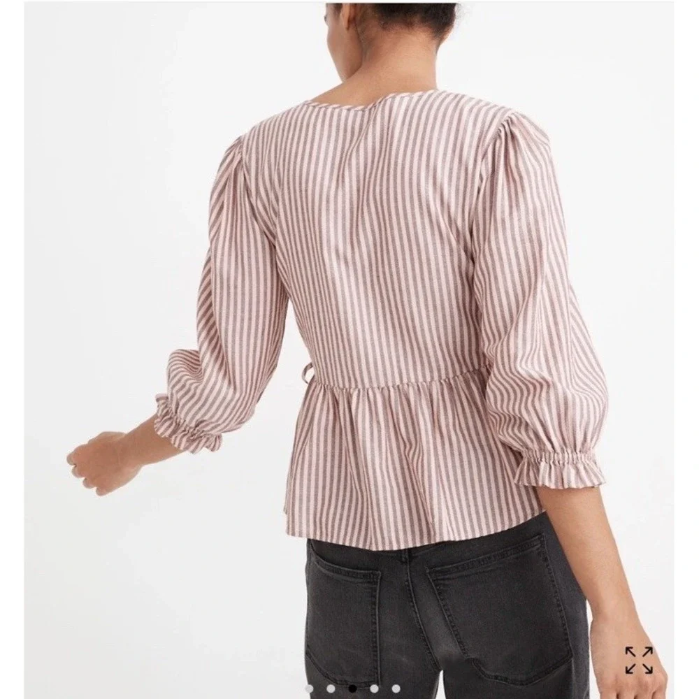 Madewell Pink Stripe Wrap Blouse Sweet Tulip Top 3/4 Puff Sleeve Tie Waist XS